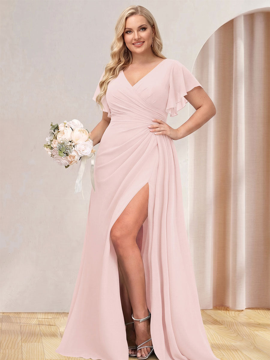 A-Line/Princess V-Neck Long Plus Size Bridesmaid Dresses with Split Side Light Pink
