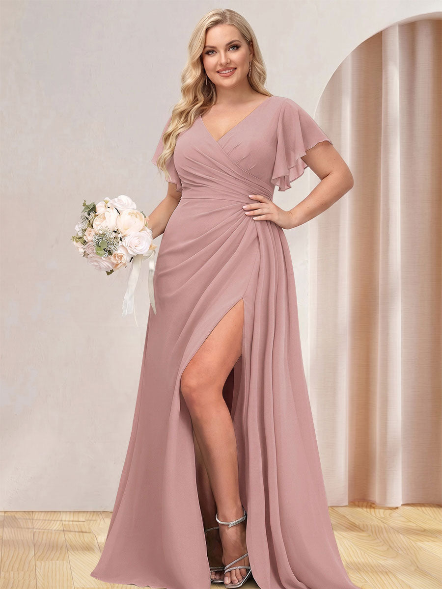 A-Line/Princess V-Neck Long Plus Size Bridesmaid Dresses with Split Side Mauve