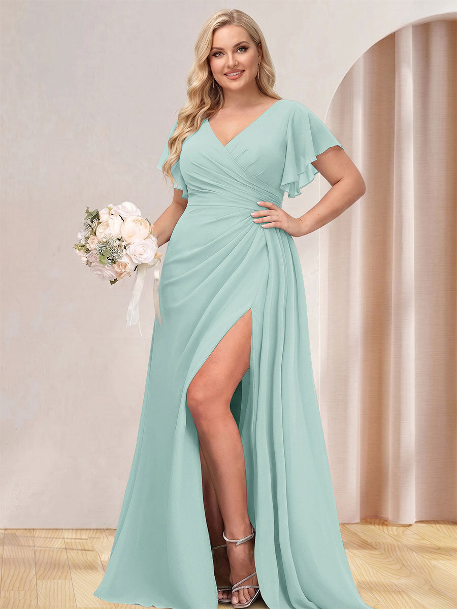 A-Line/Princess V-Neck Long Plus Size Bridesmaid Dresses with Split Side Mustard Yellow