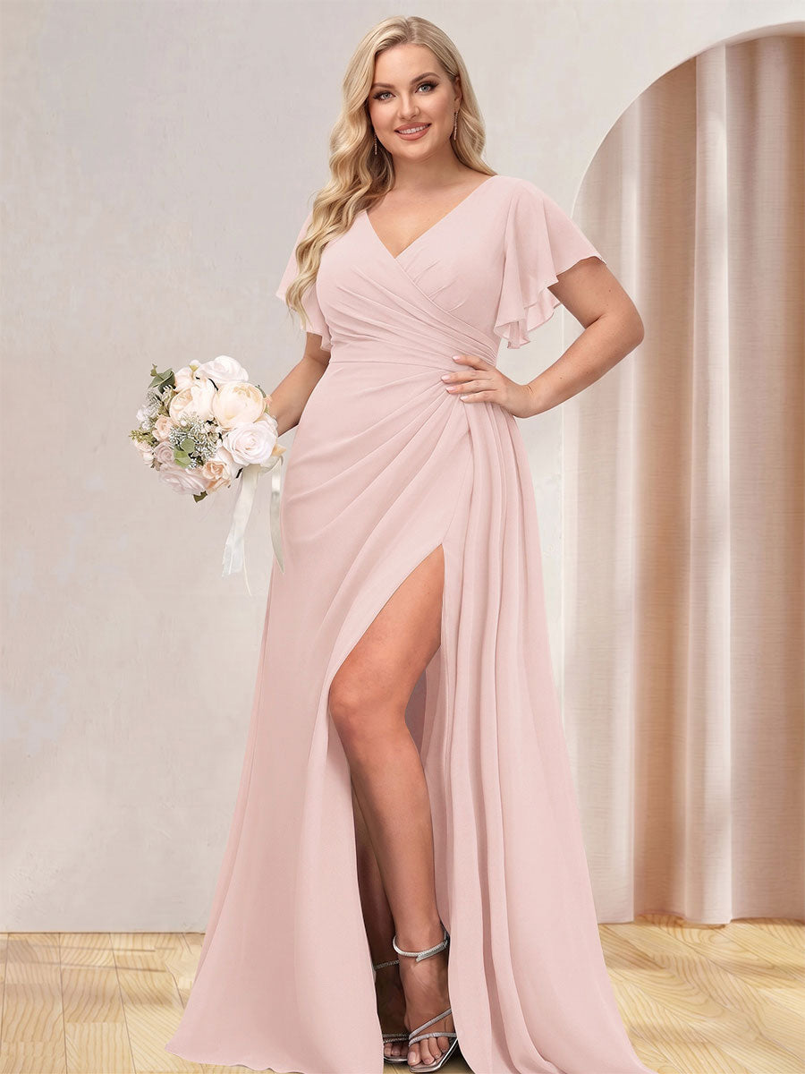 A-Line/Princess V-Neck Long Plus Size Bridesmaid Dresses with Split Side Pearl Pink