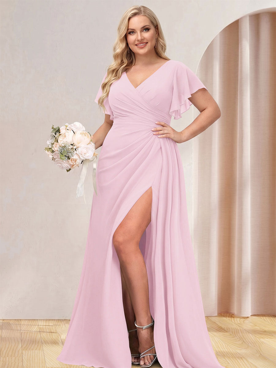A-Line/Princess V-Neck Long Plus Size Bridesmaid Dresses with Split Side Pink