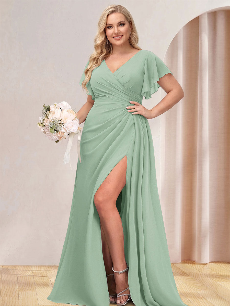 A-Line/Princess V-Neck Long Plus Size Bridesmaid Dresses with Split Side Sage