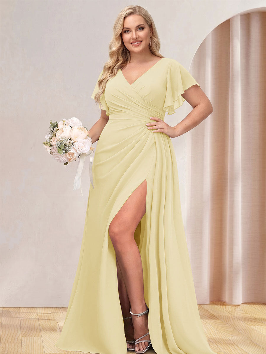 A-Line/Princess V-Neck Long Plus Size Bridesmaid Dresses with Split Side Yellow