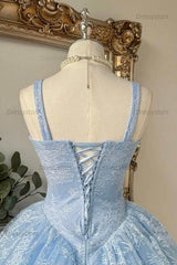 Baby Blue Lace Corset Ball Gown Homecoming Dress with Bow Straps