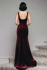 Dressystars Stunning Burgundy Velvet Mermaid Thick Straps Long Prom Dress