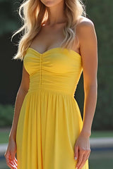 Backless Long Strapless Yellow Formal Dress With Slit