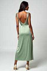 Backless Tea-Length Column Dusty Sage Wedding Guest Dress Formal Dress With Beading