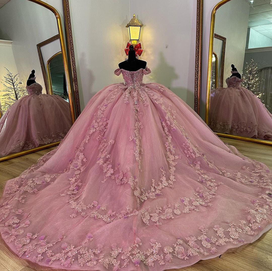 Ball Gown Off Shoulder 3D Flowers Lace Appliques Pink Tulle Quinceanera Dress Princess Evening Party Gown For Sweet 16