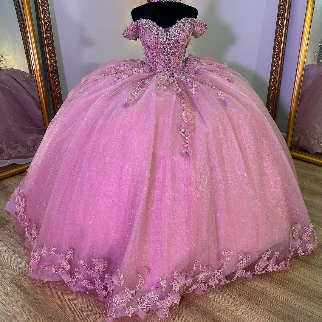 Ball Gown Off Shoulder 3D Flowers Lace Appliques Pink Tulle Quinceanera Dress Princess Evening Party Gown For Sweet 16