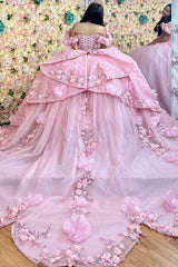 Ball Gown Off Shoulder Ruched Pleated 3D Flowers Appliques Glitter Pink Tulle Quinceanera Dress Princess Birthday Party Dress For Sweet 16