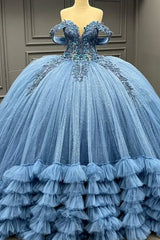 Ball Gown Off Shoulder Sleeveless 3D Flower Appliques Baded Sequins Ruffles Tiered Sparkly Blue Tulle Formal Evening Party Dress Quinceanera Dress For Sweet 16