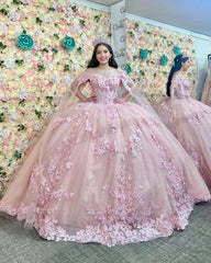 Ball Gown Off Shoulder Sleeveless 3D Flower Appliques Beaded Crystal Ruffles Pink Tulle Quinceanera Dress Formal Evening Dress Brthday Party Gown For Sweet 16