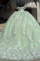 Ball Gown Off Shoulder Sleeveless 3D Flower Appliques Pleated Mint Green Tulle Quinceanera Dress Birthday Party Dress