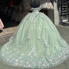 Ball Gown Off Shoulder Sleeveless 3D Flower Appliques Pleated Mint Green Tulle Quinceanera Dress Birthday Party Dress