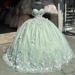 Ball Gown Off Shoulder Sleeveless 3D Flower Appliques Pleated Mint Green Tulle Quinceanera Dress Birthday Party Dress
