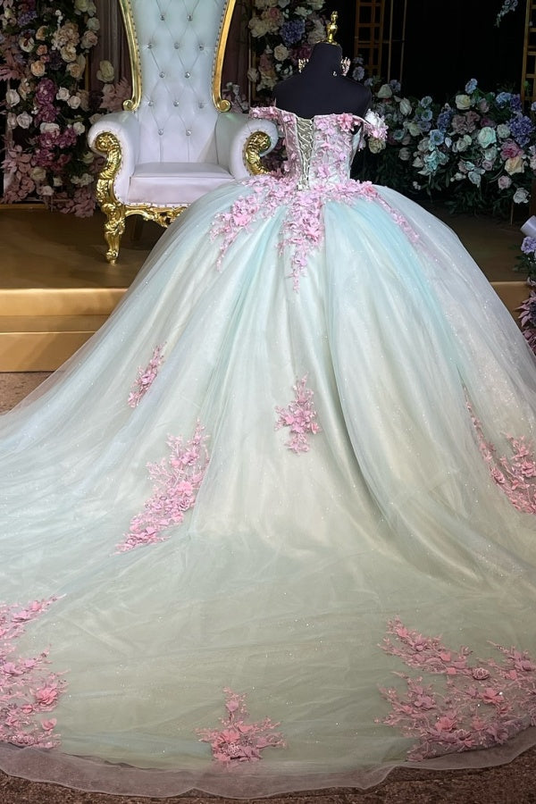 Ball Gown Off Shoulder Sleeveless 3D Pink Flowers Pleated Sparkly Tulle Quinceanera Dress Birthday Party Dress For Sweet 16