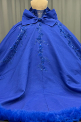 Ball Gown Off Shoulder Sleeveless Beaded 3D Flower Appliques Bow Knot Glitter Royal Blue Satin Quinceanera Dress Evening Party Dress For Sweet 16