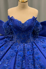 Ball Gown Off Shoulder Sleeveless Beaded 3D Flower Appliques Bow Knot Glitter Royal Blue Satin Quinceanera Dress Evening Party Dress For Sweet 16
