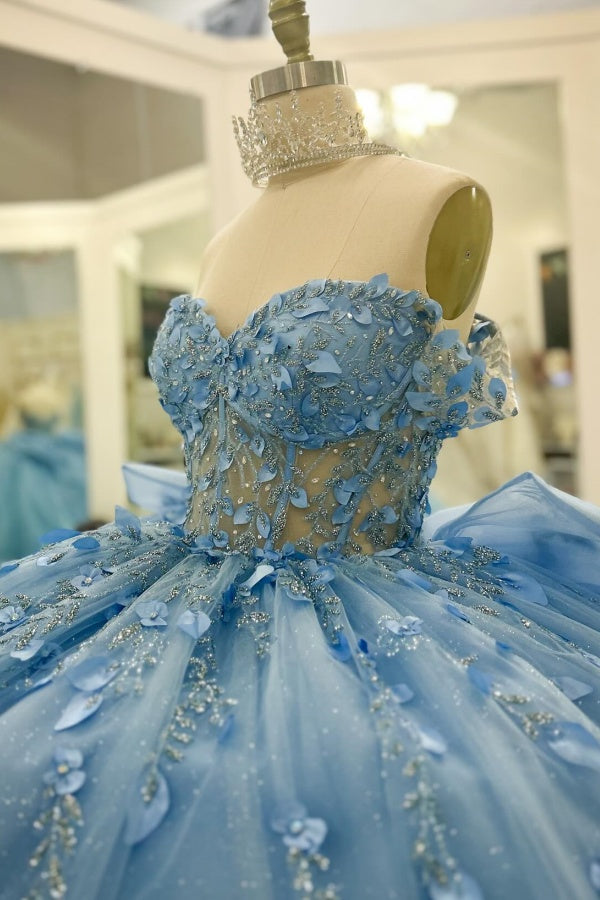 Ball Gown Off Shoulder Sleeveless Beaded 3D Flowers Appliques Bow Knote Tiered Sparkly Baby Blue Tulle Quinceanera Dress Formal Evening Gown Birthday Dress For Sweet 16