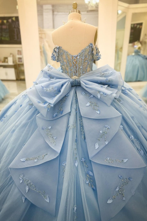Ball Gown Off Shoulder Sleeveless Beaded 3D Flowers Appliques Bow Knote Tiered Sparkly Baby Blue Tulle Quinceanera Dress Formal Evening Gown Birthday Dress For Sweet 16