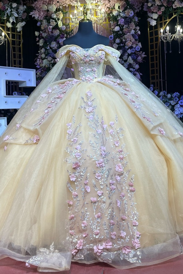 Dressystars Ball Gown Off Shoulder Sleeveless Beaded 3D Flowers Appliques Shawl Champagne Tulle Quinceanera Dress Birthday Party Dress Evening Gown For Sweet 16 Dressystars Ball Gown Off Shoulder Sleeveless Beaded 3D Flowers Appliques Shawl Champagne Tulle Quinceanera Dress Birthday Party Dress Evening Gown For Sweet 16