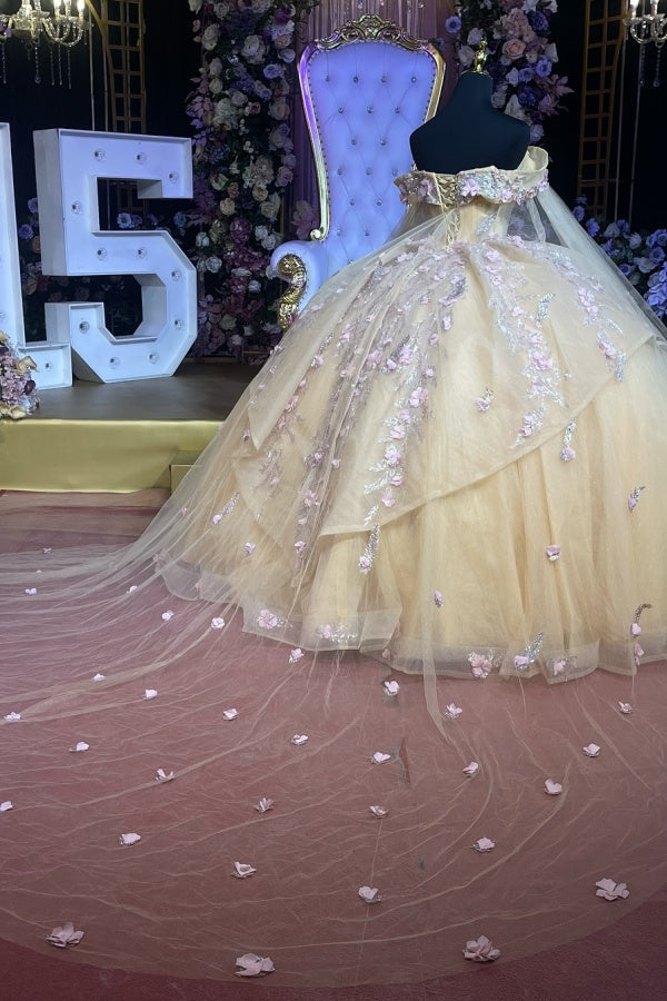 Dressystars Ball Gown Off Shoulder Sleeveless Beaded 3D Flowers Appliques Shawl Champagne Tulle Quinceanera Dress Birthday Party Dress Evening Gown For Sweet 16