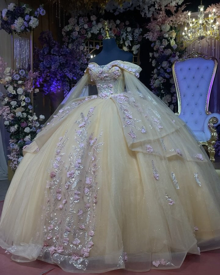 Ball Gown Off Shoulder Sleeveless Beaded 3D Flowers Appliques Shawl Champagne Tulle Quinceanera Dress Birthday Party Dress Evening Gown For Sweet 16