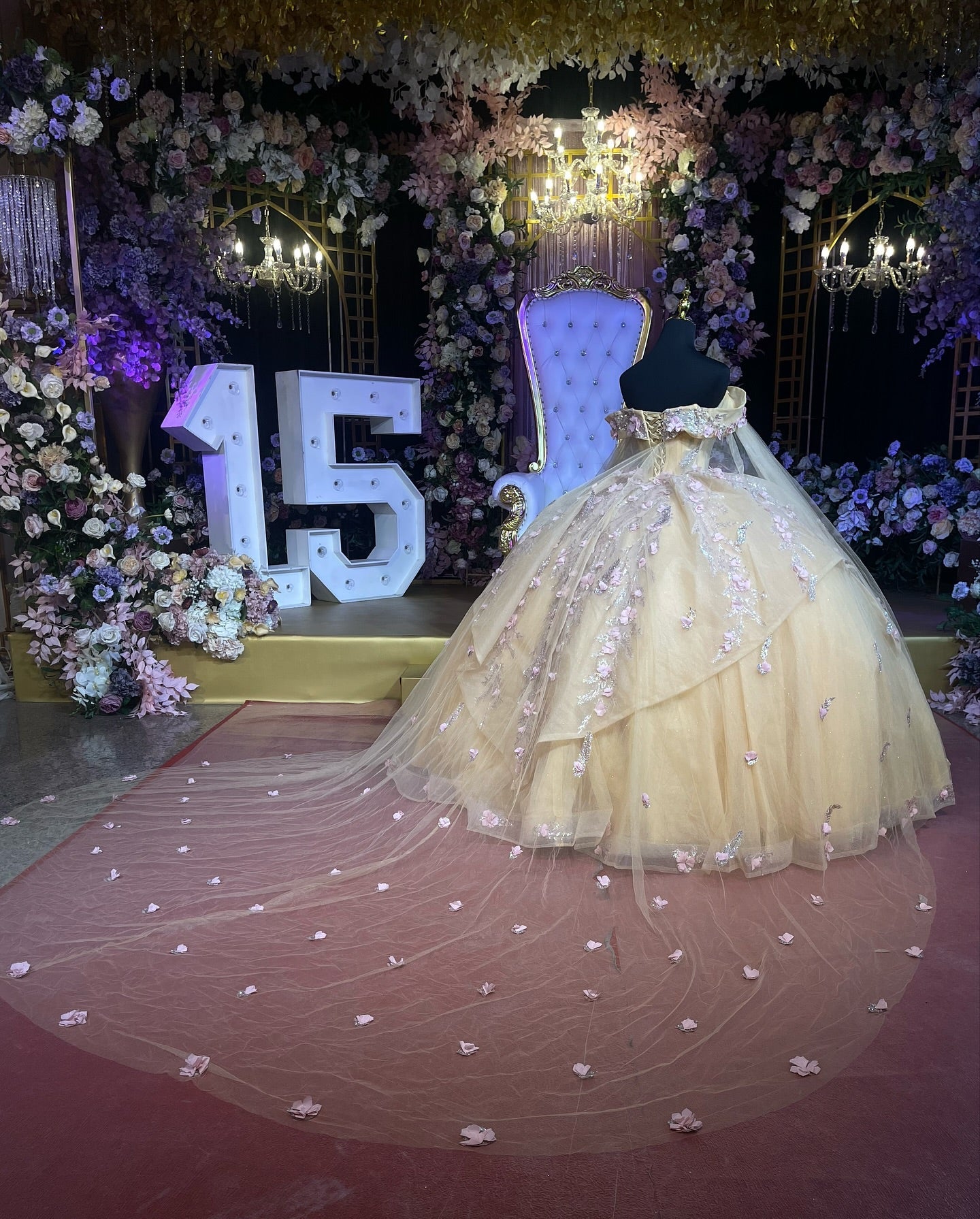 Ball Gown Off Shoulder Sleeveless Beaded 3D Flowers Appliques Shawl Champagne Tulle Quinceanera Dress Birthday Party Dress Evening Gown For Sweet 16