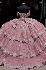 Ball Gown Off Shoulder Sleeveless Beaded Appliques 3D Flowers Ruffles Tiered Sparkly Pink Tulle Quinceanera Dress Birthday Party Dress For Sweet 16