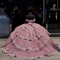 Ball Gown Off Shoulder Sleeveless Beaded Appliques 3D Flowers Ruffles Tiered Sparkly Pink Tulle Quinceanera Dress Birthday Party Dress For Sweet 16