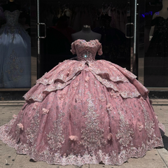 Ball Gown Off Shoulder Sleeveless Beaded Appliques 3D Flowers Ruffles Tiered Sparkly Pink Tulle Quinceanera Dress Birthday Party Dress For Sweet 16