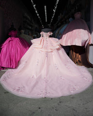 Ball Gown Off Shoulder Sleeveless Beaded Crystal Appliques Pleated Baby Pink Tulle Quinceanera Dress Birthday Party Dress For Sweet 16