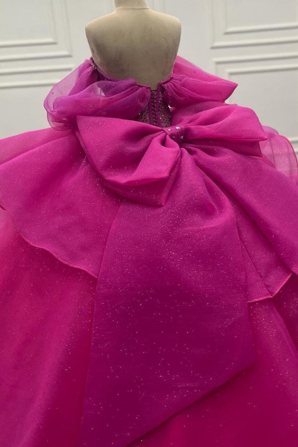 Ball Gown Off Shoulder Sleeveless Beaded Crystal Pleated Lace Up Bow Knot Corset Sparkly Fuchsia Tulle Quinceanera Dress Birthday Party Gown For Sweet 16