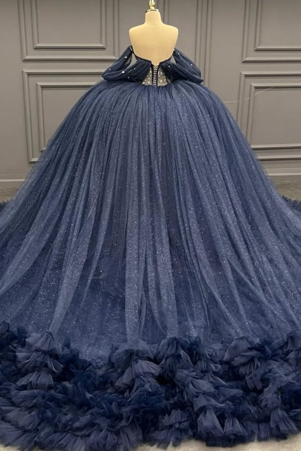Ball Gown Off Shoulder Sleeveless Beaded Crystal Pleated Sequins Ruffles Tiered Lace Up Sparkly Dark Navy Tulle Quinceanera Dress Formal Evening Party Gown For Sweet 16
