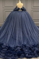 Ball Gown Off Shoulder Sleeveless Beaded Crystal Pleated Sequins Ruffles Tiered Lace Up Sparkly Dark Navy Tulle Quinceanera Dress Formal Evening Party Gown For Sweet 16