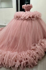 Ball Gown Off Shoulder Sleeveless Beaded Crystal Sequins Ruched Tiered Pink Tulle Quinceanera Dress Birthday Party Dress Evening Formal Gown