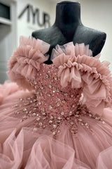 Ball Gown Off Shoulder Sleeveless Beaded Crystal Sequins Ruched Tiered Pink Tulle Quinceanera Dress Birthday Party Dress Evening Formal Gown