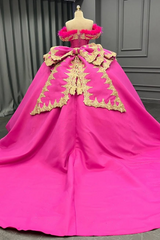 Ball Gown Off Shoulder Sleeveless Beaded Feather Gold Appliques Fuchsia Satin Quinceanera Dress Evening Party Gown For Sweet 16
