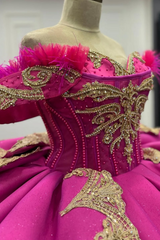 Ball Gown Off Shoulder Sleeveless Beaded Feather Gold Appliques Fuchsia Satin Quinceanera Dress Evening Party Gown For Sweet 16