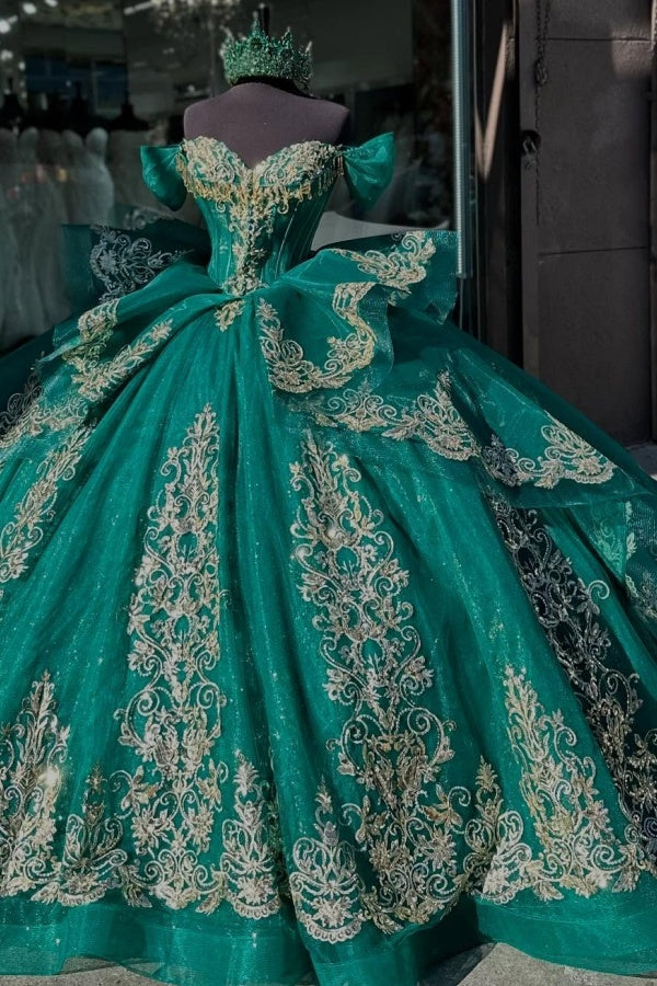green and gold quinceanera dresses Ball Gown Off Shoulder Sleeveless Beaded Appliques Lace Up Detachable Dress Sparkly Dark Tulle Dress Formal Evening Gown For lady dress for party Dress Pants with Belt Debut Style Size:Large/ 16.5