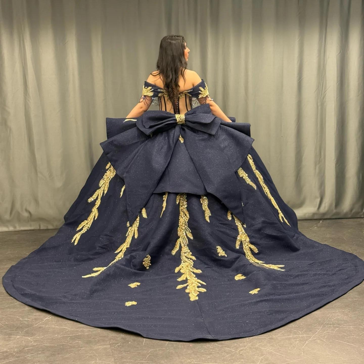 Ball Gown Off Shoulder Sleeveless Beaded Gold Appliques Pleated Bow Knot Glitter Dark Navy Satin Quinceanera Dress Birthday Party Dress For Sweet 16