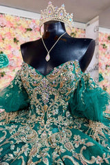 Dressystars Ball Gown Off Shoulder Sleeveless Beaded Gold Applliques Sparkly Dark Green Tulle Quinceanera Dress Birthday Party Dress Formal Evening Dress For Sweet 16 Dressystars Ball Gown Off Shoulder Sleeveless Beaded Gold Applliques Sparkly Dark Green Tulle Quinceanera Dress Birthday Party Dress Formal Evening Dress For Sweet 16