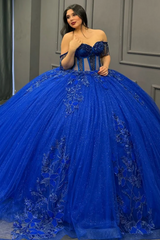 Ball Gown Off Shoulder Sleeveless Beaded Pleated Appliques Lace Up Royal Blue Tulle Quinceanera Dress Formal Evening Gown Birthday Party Dress For Sweet 16