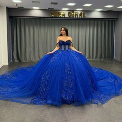 Ball Gown Off Shoulder Sleeveless Beaded Pleated Appliques Lace Up Royal Blue Tulle Quinceanera Dress Formal Evening Gown Birthday Party Dress For Sweet 16