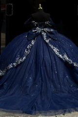 Ball Gown Off Shoulder Sleeveless Beaded Pleated Sliver Appliques Sparkly Dark Navy Tulle Quinceanera Dress Birthday Party Dress For Sweet 16
