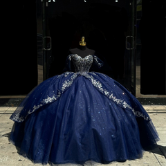 Ball Gown Off Shoulder Sleeveless Beaded Pleated Sliver Appliques Sparkly Dark Navy Tulle Quinceanera Dress Birthday Party Dress For Sweet 16