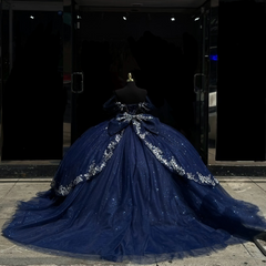 Ball Gown Off Shoulder Sleeveless Beaded Pleated Sliver Appliques Sparkly Dark Navy Tulle Quinceanera Dress Birthday Party Dress For Sweet 16