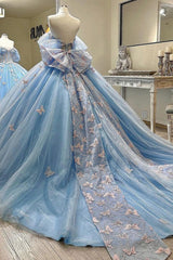 Ball Gown Off Shoulder Sleeveless Beaded Sequins 3D Butterflies Appliques Baby Blue Tulle Quinceanera Dress Birthday Party Dress