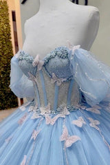 Ball Gown Off Shoulder Sleeveless Beaded Sequins 3D Butterflies Appliques Baby Blue Tulle Quinceanera Dress Birthday Party Dress