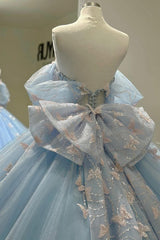 Ball Gown Off Shoulder Sleeveless Beaded Sequins 3D Butterflies Appliques Baby Blue Tulle Quinceanera Dress Birthday Party Dress